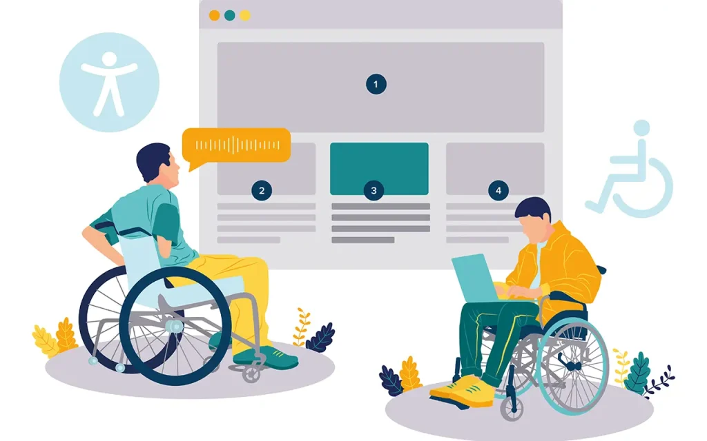 dos personas en sillas de ruedas viendo el contenido de una web accesible