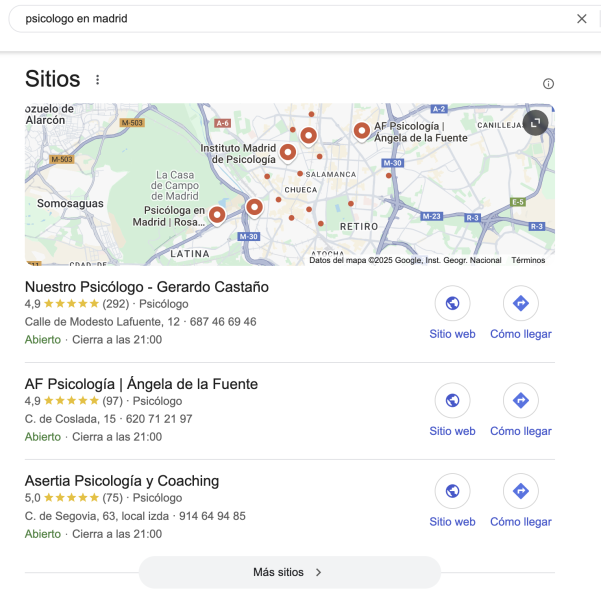 resultados del local pack para la búsqueda en Google de psicólogos en Madrid